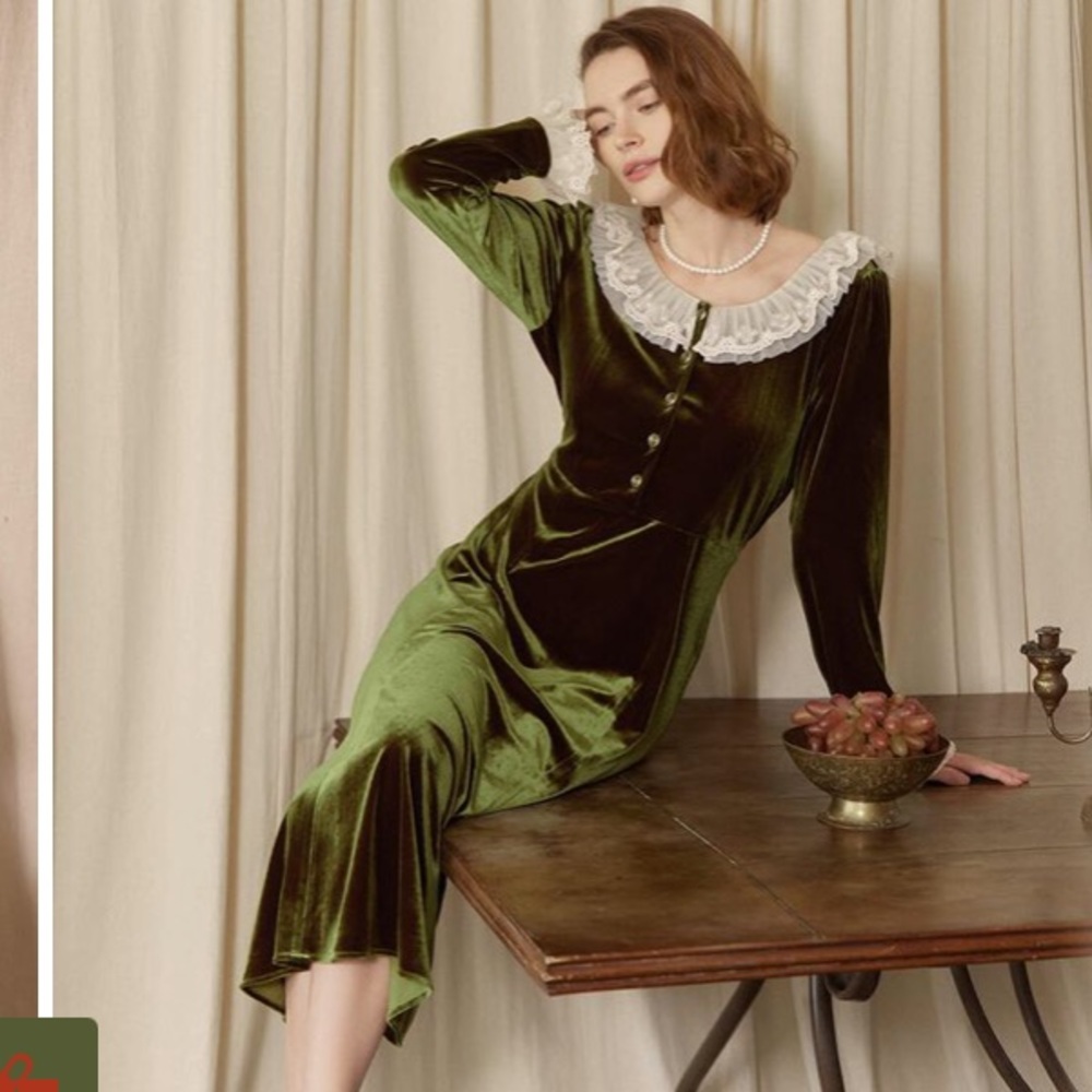 green/olive velvet midi dress with lace color